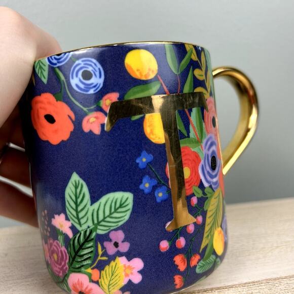 Anthropologie x Rifle Paper Co T Initial Mug Boho Floral Blue Coffee Cup Anthro - Picture 2 of 12